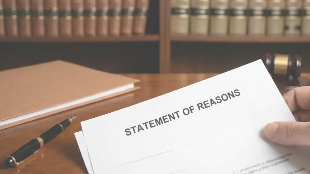 Lawyer holding Statement of Reasons document